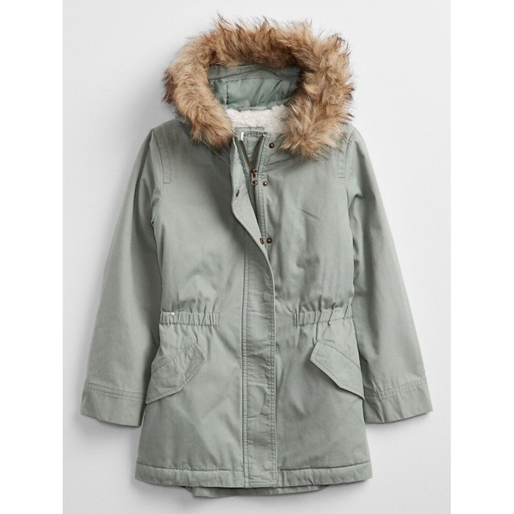 Gap Kids Sherpa-Lined Utility Parka Small‎ Sage Faux Fur Jacket Hooded Insulated